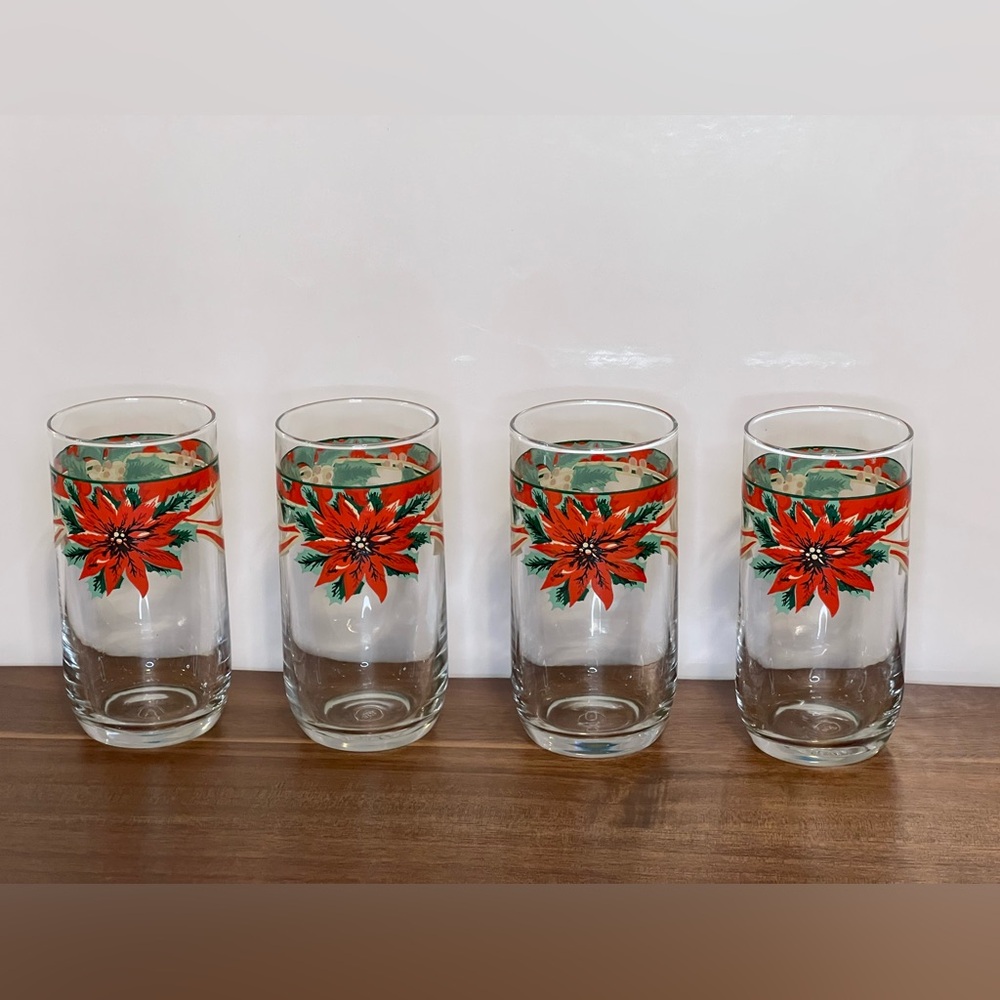 4 Vintage Poinsettia Drinking Glasses~12 oz~KIG Indonesia - Mint Condition